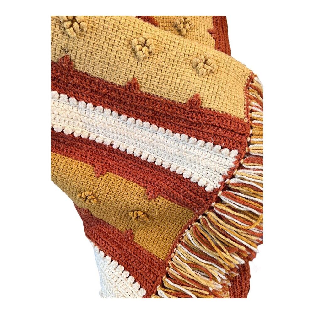 Handmade Afghan Retro Crochet Blanket Striped Orange Yellow 70s Fringe 66"x67" - Picture 5 of 5